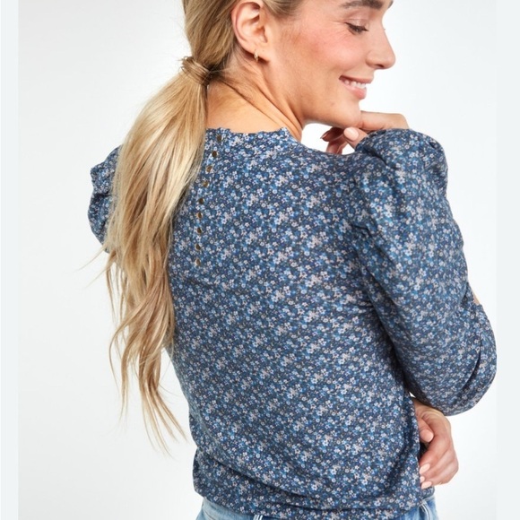 EUC Nation LTD Wildflower Floral Smocked Cotton Top Size S Puff Sleeve Mock Neck - Picture 5 of 9